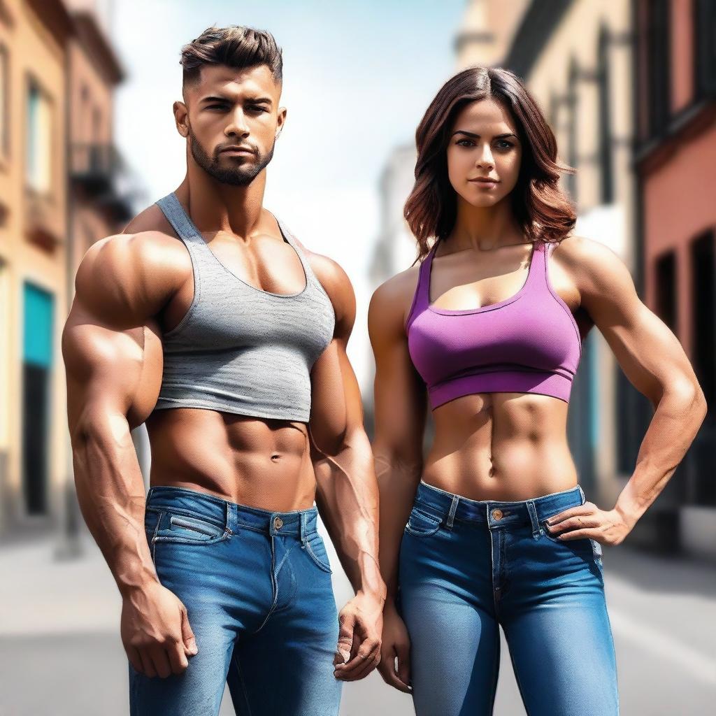 A strong girl with muscular build and a handsome boy standing side by side, both looking confident and stylish