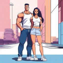 A strong girl with muscular build and a handsome boy standing side by side, both looking confident and stylish