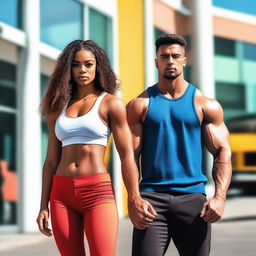 A strong girl with muscular build and a handsome boy standing side by side, both looking confident and stylish