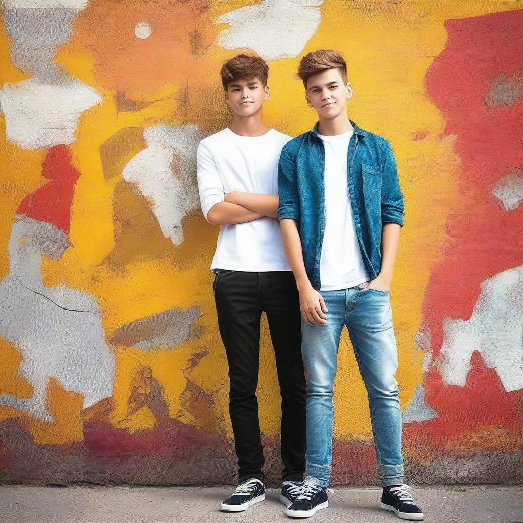 Create an image of a strong teenager and a handsome individual standing together