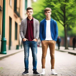 Create an image of a strong teenager and a handsome individual standing together