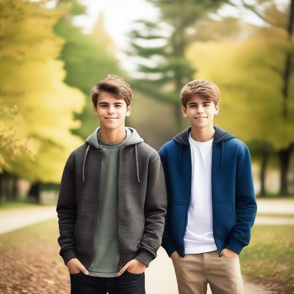 Create an image of a strong teenage boy and a handsome young man standing side by side