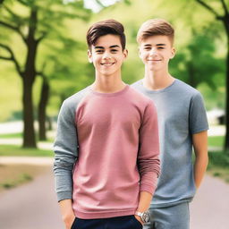 Create an image of a strong teenage boy and a handsome young man standing side by side