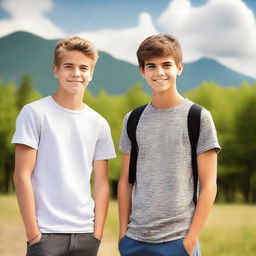 Create an image of a strong teenage boy and a handsome young man standing side by side