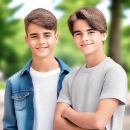 Create an image of a strong teenage boy and a handsome young man standing side by side