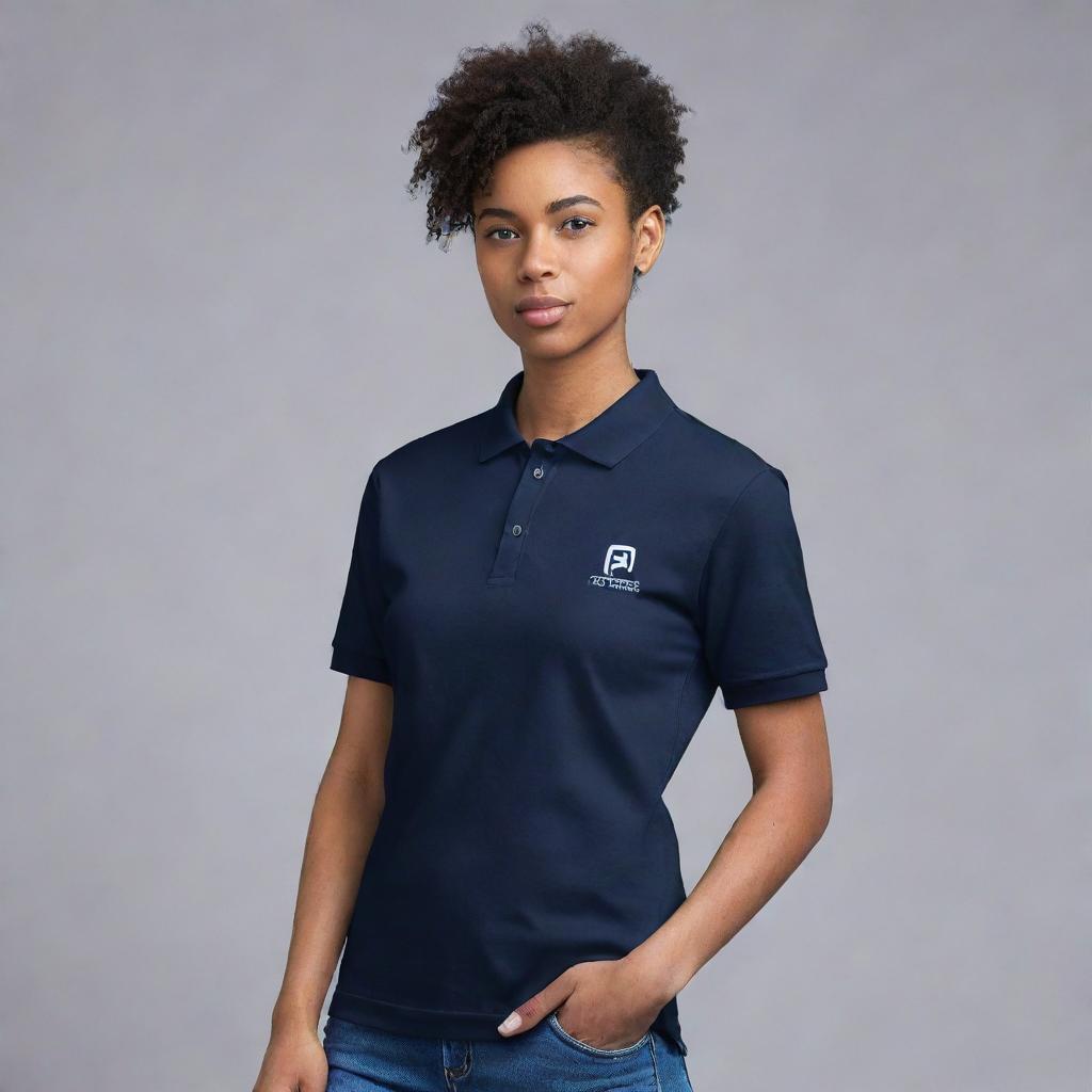 A sleek and stylish polo t-shirt design, featuring a bold yet unobtrusive placeholder for a company logo. The theme should encapsulate the empowerment of higher education for young students through digital products, represented creatively.