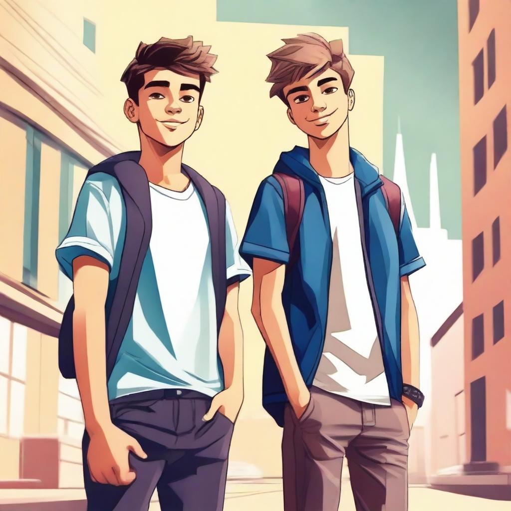 Create an image featuring a strong and confident teenage boy standing next to a handsome young man