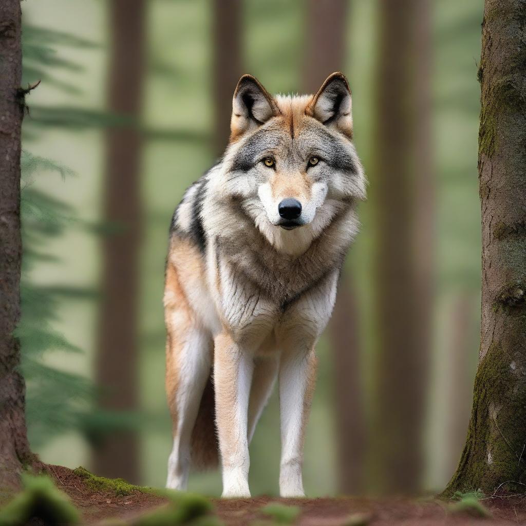 A raw photograph of a majestic wolf standing in a natural forest setting