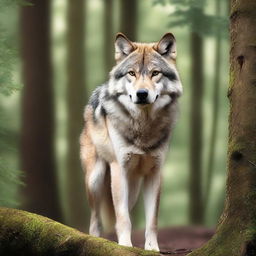 A raw photograph of a majestic wolf standing in a natural forest setting