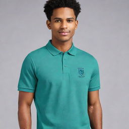 A sleek and stylish polo t-shirt design, featuring a bold yet unobtrusive placeholder for a company logo. The theme should encapsulate the empowerment of higher education for young students through digital products, represented creatively.