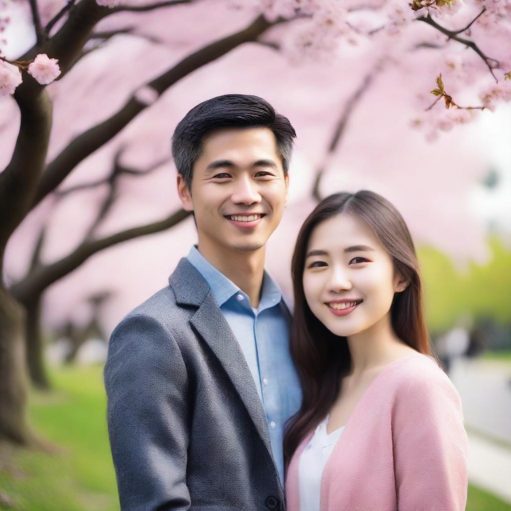 A beautiful Asian girl standing next to a handsome man, both smiling warmly