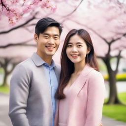 A beautiful Asian girl standing next to a handsome man, both smiling warmly