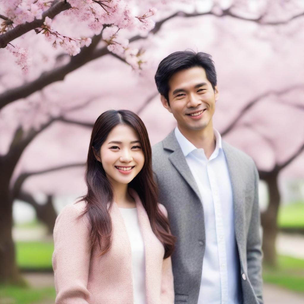 A beautiful Asian girl standing next to a handsome man, both smiling warmly