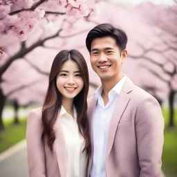 A beautiful Asian girl standing next to a handsome man, both smiling warmly