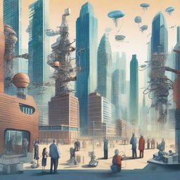 A detailed illustration depicting the impact of technological change on human and social sciences