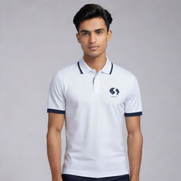 A sleek and stylish polo t-shirt design, featuring a bold yet unobtrusive placeholder for a company logo. The theme should encapsulate the empowerment of higher education for young students through digital products, represented creatively.