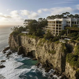 A lavish billionaire's mansion perched on the edge of a dramatic cliff, overlooking a stunning ocean panorama