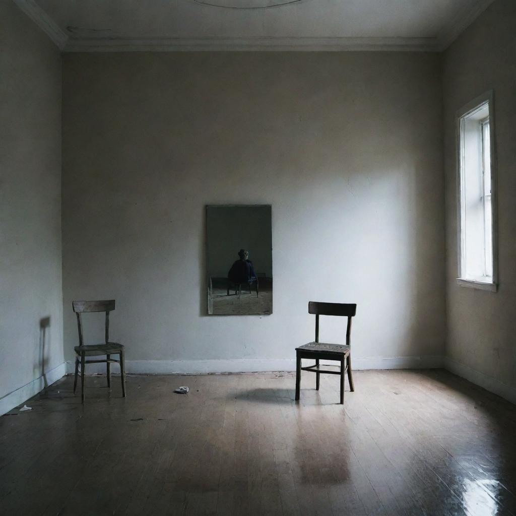 A minimalist room bathed in mysterious, grim lighting. A single broken mirror stands in the center, reflecting the image of a boy seated on a chair.