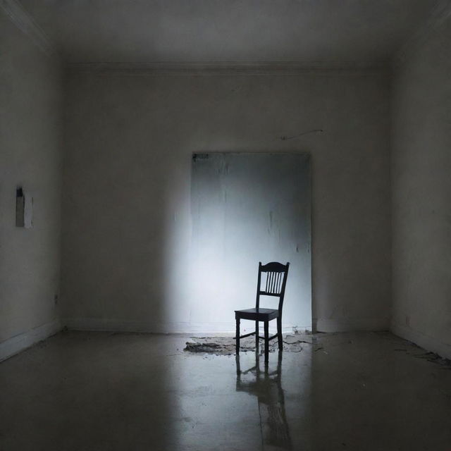 A minimalist room bathed in mysterious, grim lighting. A single broken mirror stands in the center, reflecting the image of a boy seated on a chair.