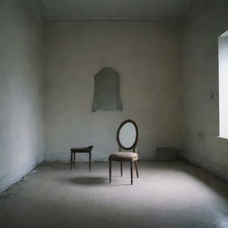 A minimalist room bathed in mysterious, grim lighting. A single broken mirror stands in the center, reflecting the image of a boy seated on a chair.