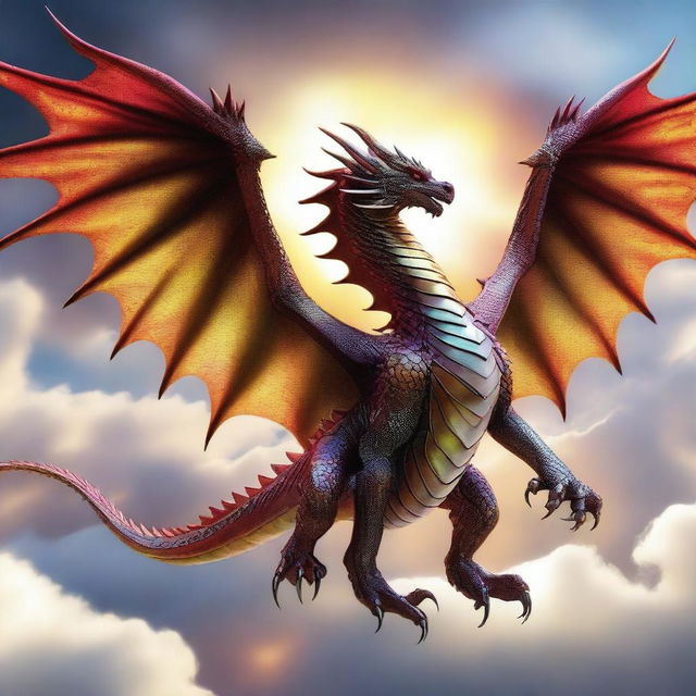 A majestic dragon soaring through the sky in a 16:9 frame, its wings spread wide as it glides effortlessly above the clouds