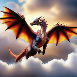 A majestic dragon soaring through the sky in a 16:9 frame, its wings spread wide as it glides effortlessly above the clouds