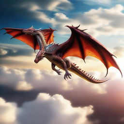 A majestic dragon soaring through the sky in a 16:9 frame, its wings spread wide as it glides effortlessly above the clouds