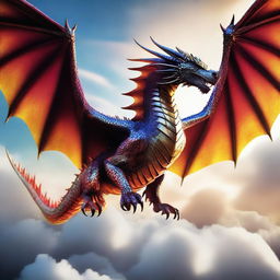 A majestic dragon soaring through the sky in a 16:9 frame, its wings spread wide as it glides effortlessly above the clouds