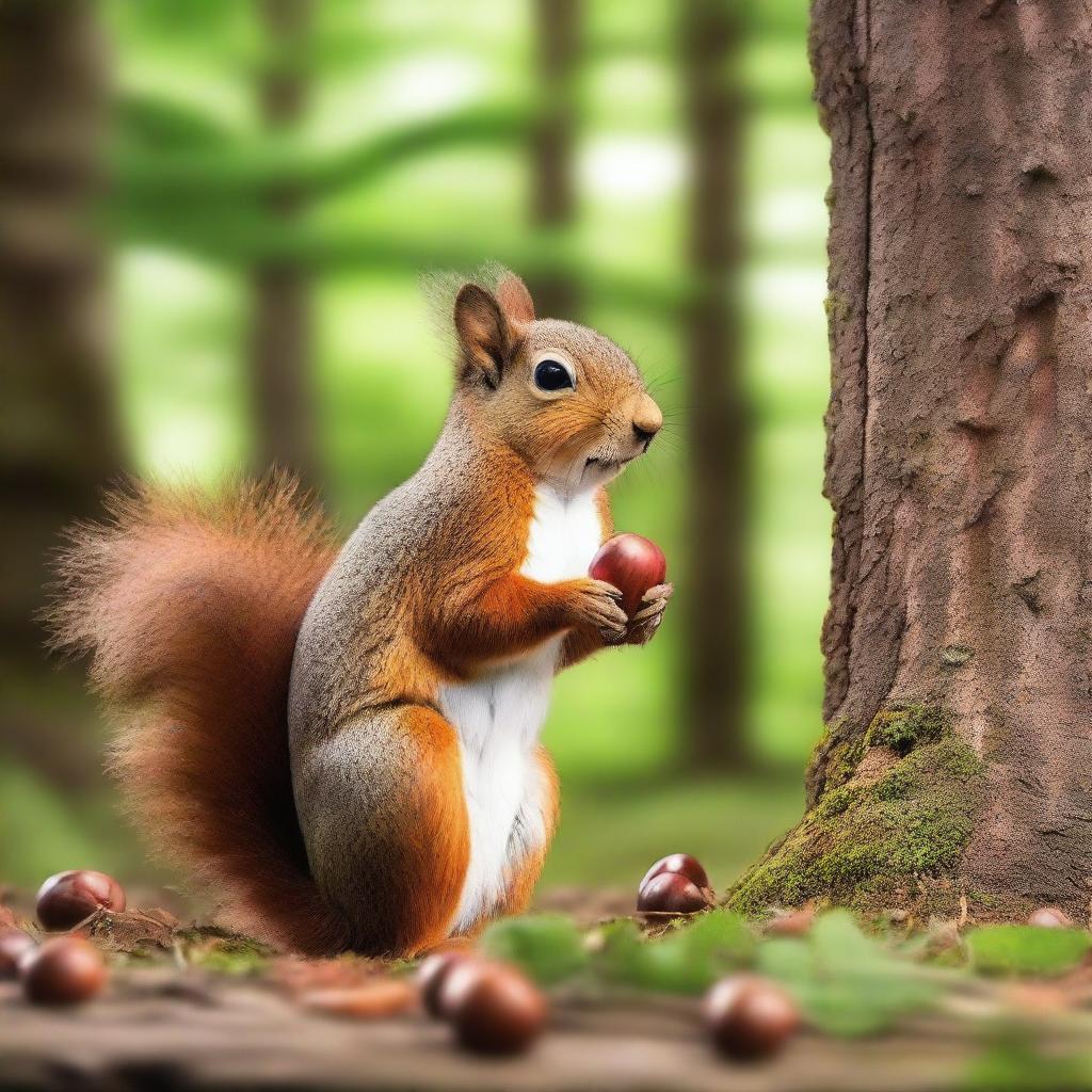 Create an image of a squirrel holding a chestnut in the forest