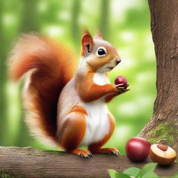 Create an image of a squirrel holding a chestnut in the forest