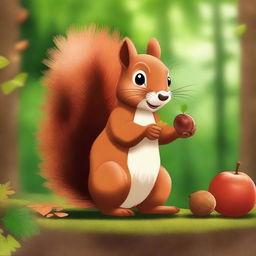 Create an image of a squirrel holding a chestnut in the forest