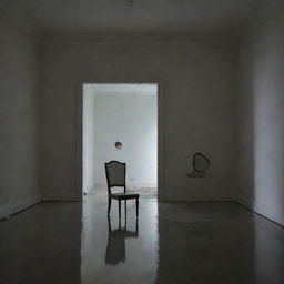 A minimalist room bathed in mysterious, grim lighting. A single broken mirror stands in the center, reflecting the image of a boy seated on a chair.