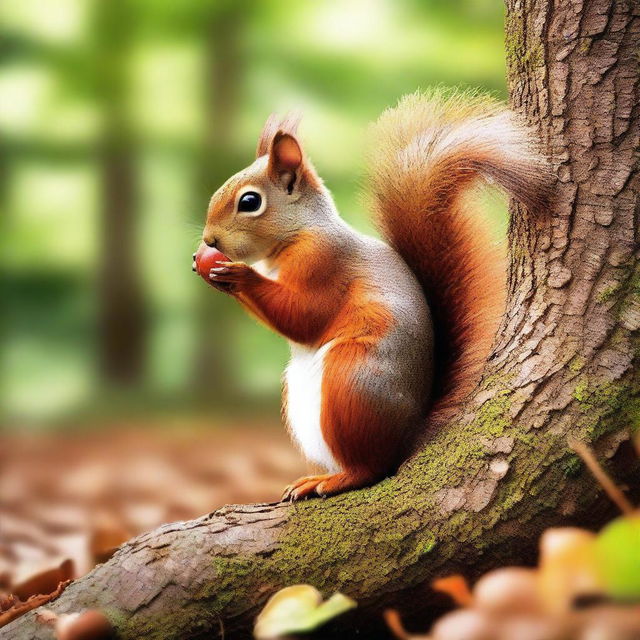 Create an image of a squirrel holding a chestnut in the forest