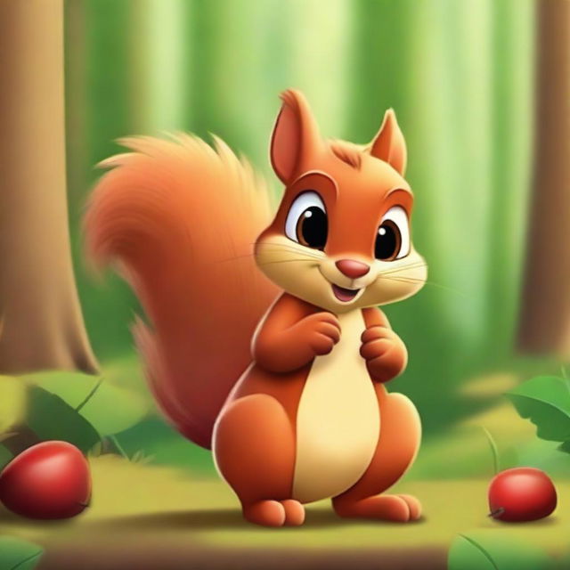 Create an image of a Pixar-style squirrel holding a chestnut in the forest