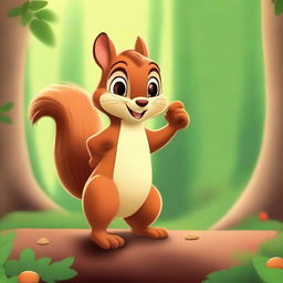 Create an image of a Pixar-style squirrel holding a chestnut in the forest