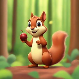 Create an image of a Pixar-style squirrel holding a chestnut in the forest