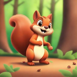 Create an image of a Pixar-style squirrel holding a chestnut in the forest