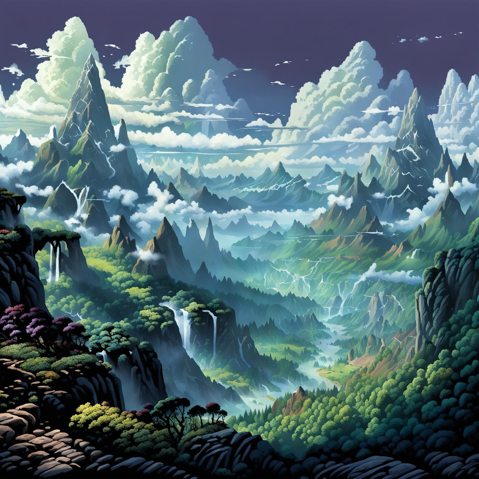A high-quality image of a mountainous region with vast cliffs and valleys in a Dungeons and Dragons art style, featuring rugged peaks, lush valleys, and a mystical atmosphere
