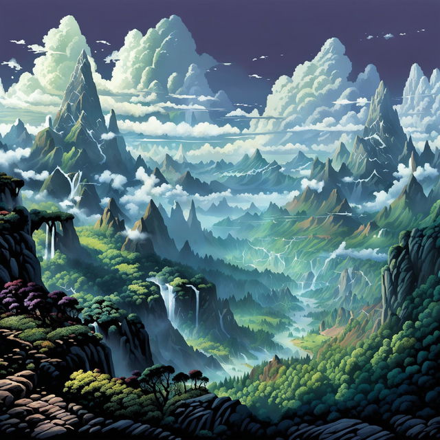 A high-quality image of a mountainous region with vast cliffs and valleys in a Dungeons and Dragons art style, featuring rugged peaks, lush valleys, and a mystical atmosphere