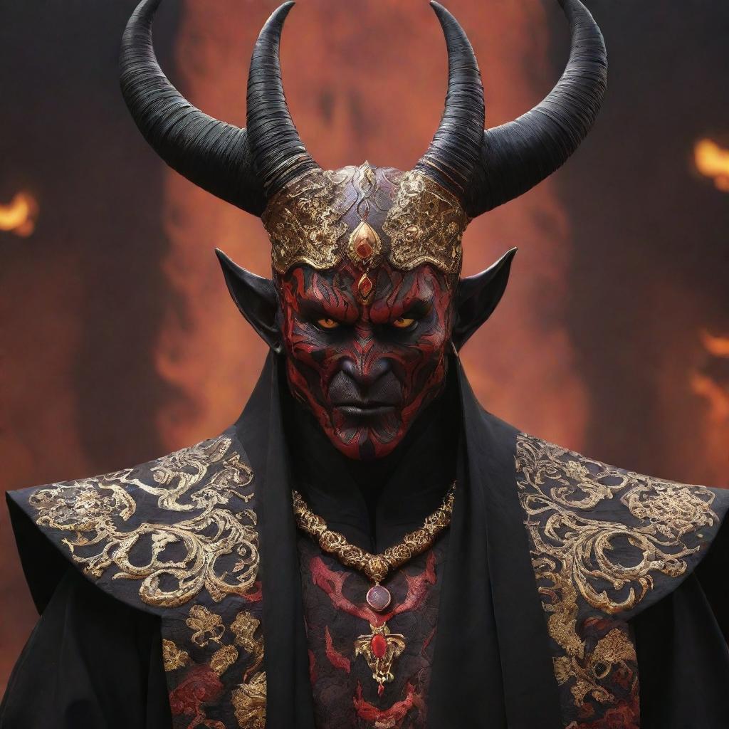 A captivating demon with vibrant red skin, curved horns gleaming with polished obsidian, piercing golden eyes, draped in ceremonial ebony robes adorned with intricate golden patterns, set against a hauntingly beautiful fiery hellscape background.