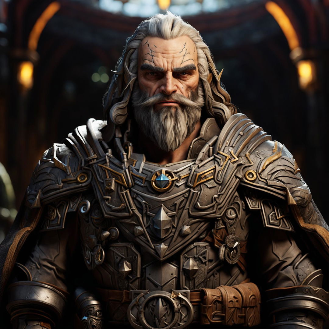 A detailed image of Mayor Thandor Ironhand, a 150-year-old dwarf with iron-grey hair, a long beard, and piercing blue eyes, dressed in traditional dwarven attire in a grand hall or mountainous setting