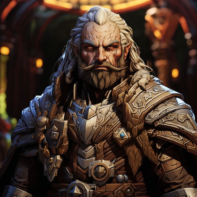 A detailed image of Mayor Thandor Ironhand, a 150-year-old dwarf with iron-grey hair, a long beard, and piercing blue eyes, in traditional dwarven attire, set in a grand hall or mountainous region, in a Dungeons and Dragons art style