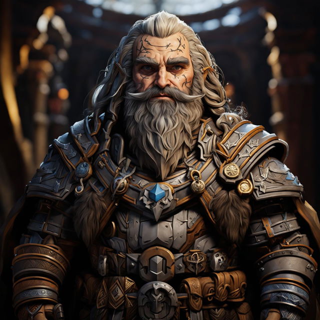 A detailed image of a 150-year-old dwarf with iron-grey hair, a long beard, and piercing blue eyes, in traditional dwarven attire, set in a grand hall or mountainous region, in a Dungeons and Dragons art style