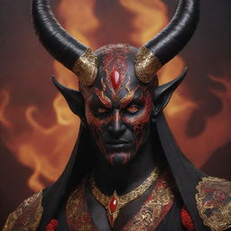 A captivating demon with vibrant red skin, curved horns gleaming with polished obsidian, piercing golden eyes, draped in ceremonial ebony robes adorned with intricate golden patterns, set against a hauntingly beautiful fiery hellscape background.