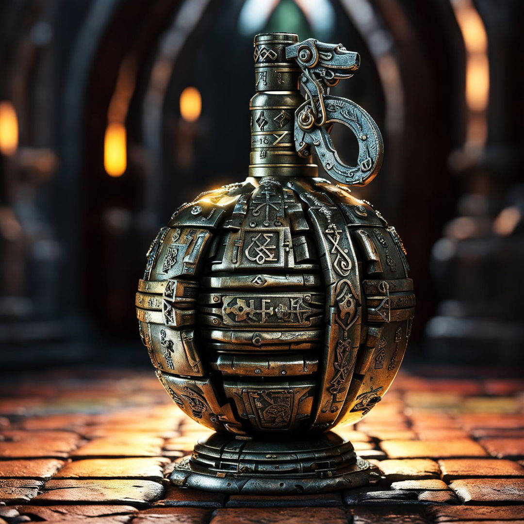 A detailed image of a holy hand grenade with intricate designs, sacred symbols, and a divine aura, set in a dark, ancient temple or mystical battlefield, in a Dungeons and Dragons art style