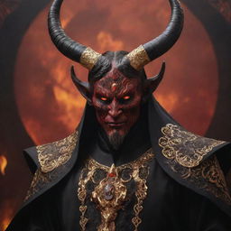 A captivating demon with vibrant red skin, curved horns gleaming with polished obsidian, piercing golden eyes, draped in ceremonial ebony robes adorned with intricate golden patterns, set against a hauntingly beautiful fiery hellscape background.