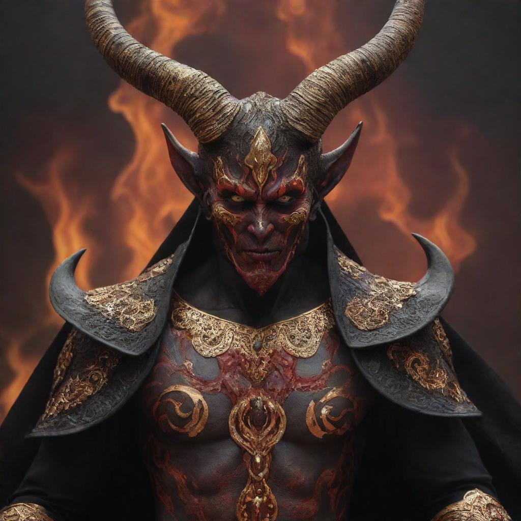 A captivating demon with vibrant red skin, curved horns gleaming with polished obsidian, piercing golden eyes, draped in ceremonial ebony robes adorned with intricate golden patterns, set against a hauntingly beautiful fiery hellscape background.