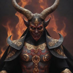 A captivating demon with vibrant red skin, curved horns gleaming with polished obsidian, piercing golden eyes, draped in ceremonial ebony robes adorned with intricate golden patterns, set against a hauntingly beautiful fiery hellscape background.