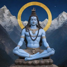 An imposing manifestation of Lord Shiva, seated in a meditative position amid a backdrop of the serene Himalayan peaks, a crescent moon resting on his head and a serpent coiled around his neck.