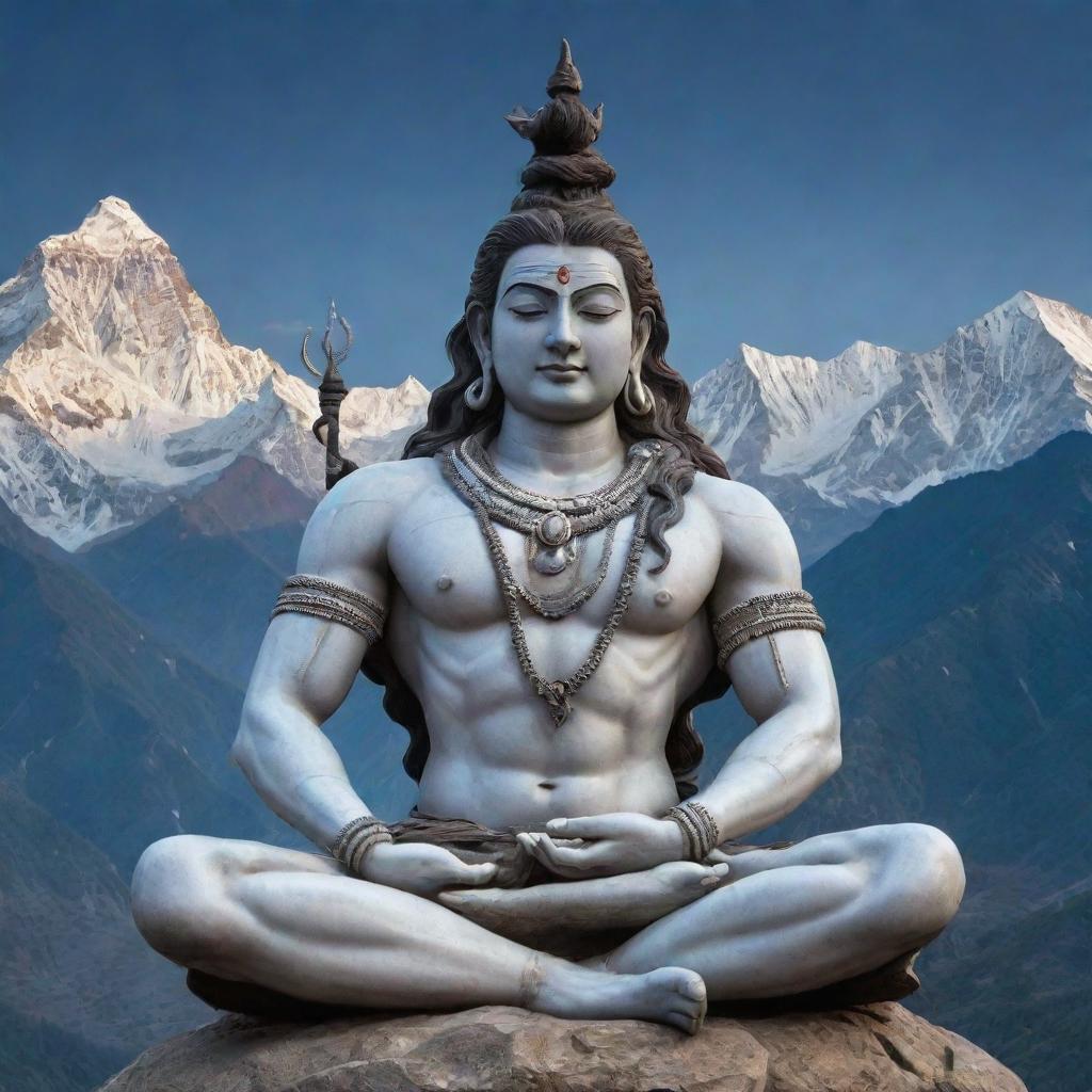 An imposing manifestation of Lord Shiva, seated in a meditative position amid a backdrop of the serene Himalayan peaks, a crescent moon resting on his head and a serpent coiled around his neck.